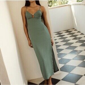 Abercrombie & Fitch Premium Linen Cutout Midi Dress Deep Sage Size MEDIUM